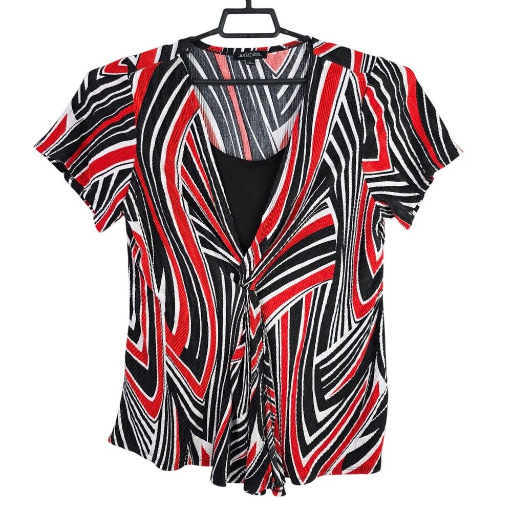 Womens Notations Red Black White Abstract Blouse Short Sleeve Polyester Size XL